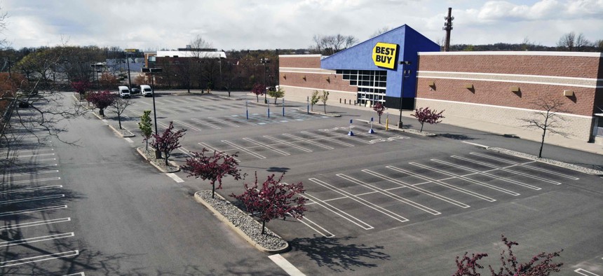 A Best Buy store in Woodland Park, N.J., is closed during the coronavirus pandemic on Thursday, April 16, 2020.