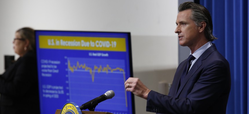 California Gov. Gavin Newsom discusses proposed budget cuts as a result of the coronavirus economic fallout. Facing massive shortfalls, many state and local governments are examining potential budget cuts.