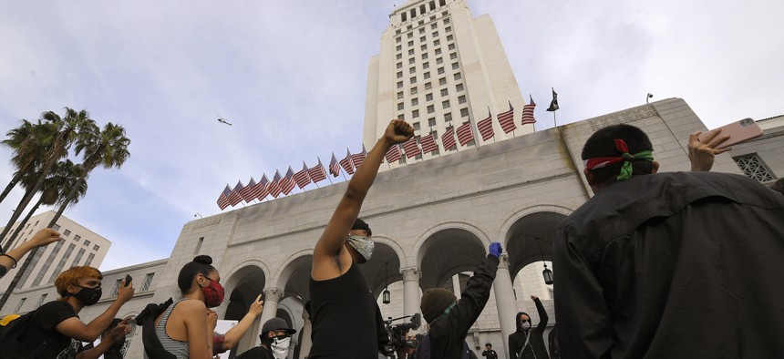 Protesters outside Los Angeles City Hall.