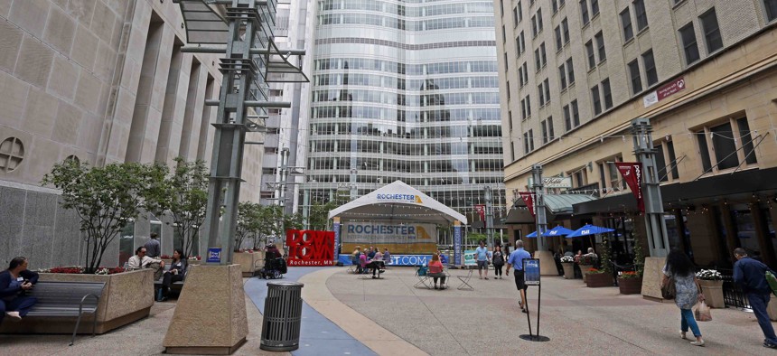 A pedestrian mall leads to the campus of the Mayo Clinic complex on July 2, 2019, in Rochester, Minn.