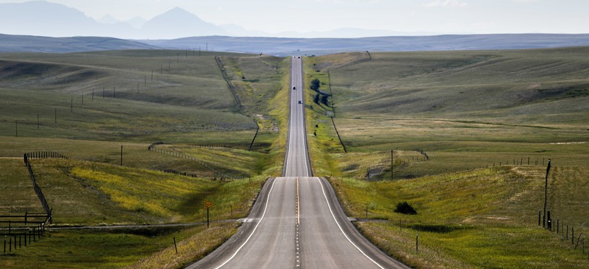 A road passing through Blackfeet Indian Reservation in Browning, Mont.