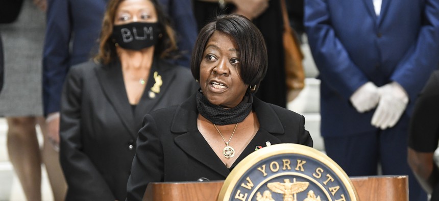 Assembly Majority Leader Crystal D. Peoples-Stokes, D- Buffalo, speaks in favor of new legislation for police reform while standing with Assembly members during a news briefing at the state Capitol on June 8, 2020, in Albany, N.Y. 