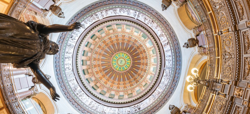 Ornate dome inside state capitol building in Springfield, Illinois.