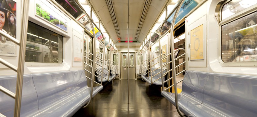 An empty New York City traincar.