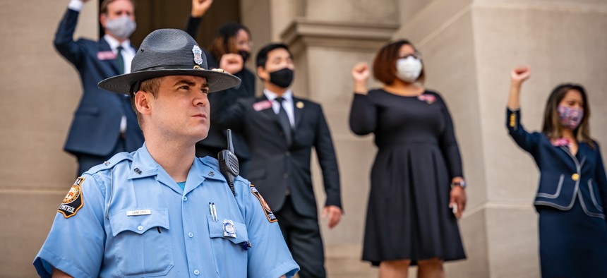A member of law enforcement outside the Georgia State Capitol during a recent protest organized by the NAACP.