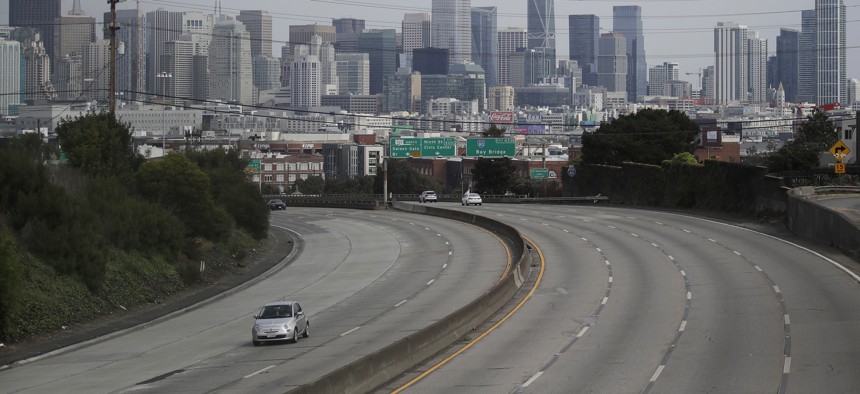 In this March 29, 2020 file photo, light traffic is seen on Highway 101 in San Francisco, amid coronavirus concerns.