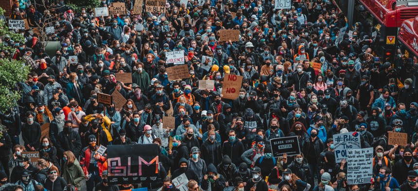 Protesters in Seattle on June 2, 2020. The potential for law enforcement to leverage facial recognition during protests could threaten civil rights and civil liberties.