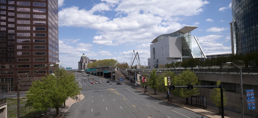 State Street is quiet in downtown Hartford, Conn., in May during the state's spring shelter-in-place period to stem the spread of the coronavirus.