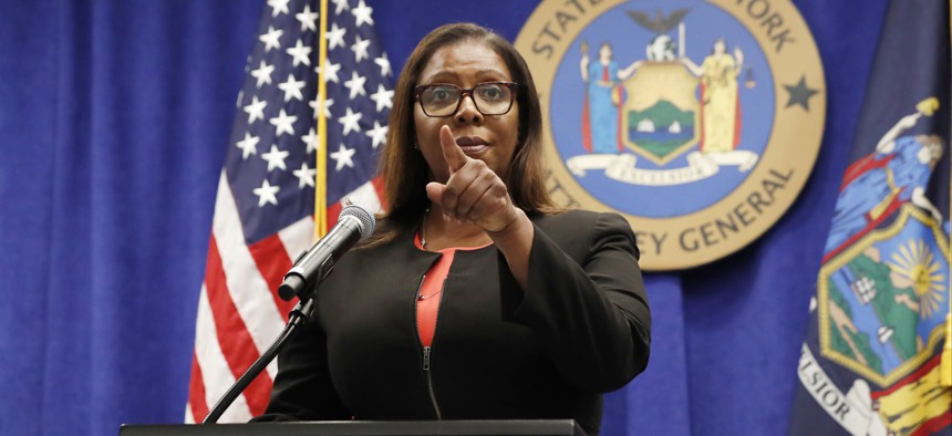 New York State Attorney General Letitia James takes a question from a reporter after announcing that the state is suing the National Rifle Association.