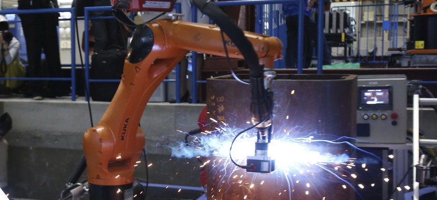 Shimizu Corp.'s Robo-Welder is demonstrated during a press tour to the major Japanese construction company's robot laboratory in Tokyo on April 23, 2018. 