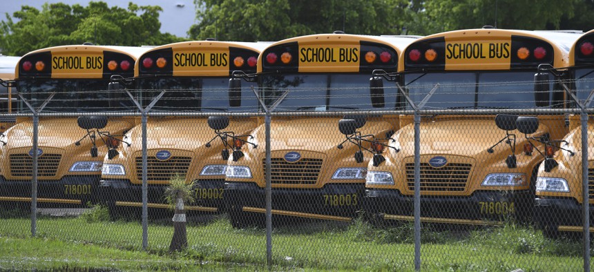 A Florida school bus depot is pictured as Broward County continues reopening discussions of a 100% eLearning instruction amid warnings of a surge in Covid-19 cases.