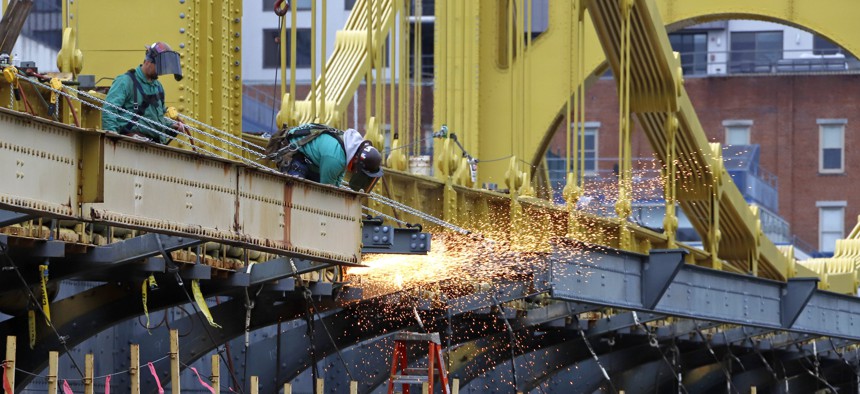 Worker on the Ninth Street bridge in Pittsburgh, on Wednesday, May 6, 2020.
