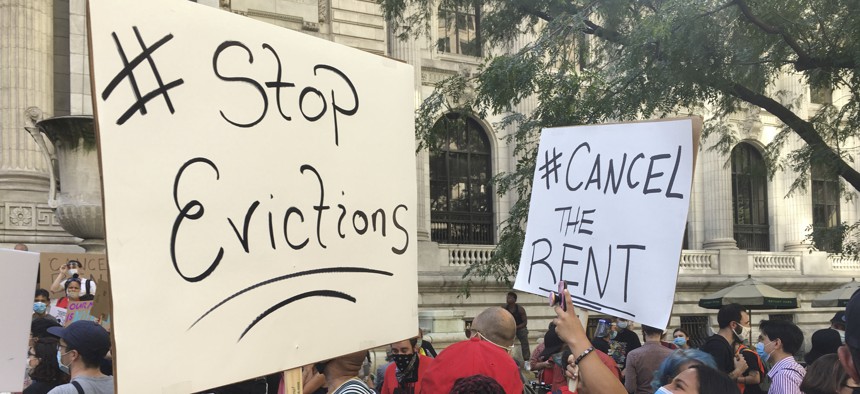 A march for rent reiief in New York City.