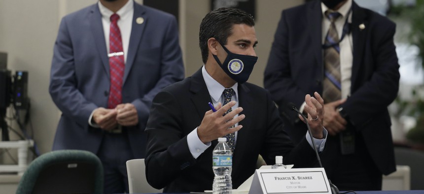 Miami Mayor Francis Suarez speaks during a roundtable discussion with Florida Gov. Ron DeSantis and Miami-Dade County mayors during the coronavirus pandemic, Tuesday, July 14, 2020, in Miami. Suarez was diagnosed with Covid-19 in March.
