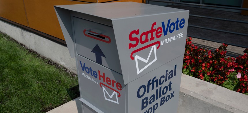 A vote drop box in Milwaukee, Wisconsin. The city asked for grant funding to help purchase election equipment like drop boxes.
