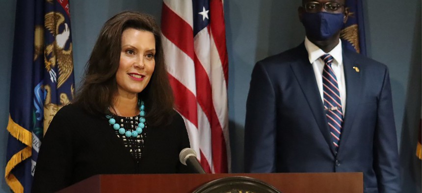 In this photo provided by the Michigan Office of the Governor, Gov. Gretchen Whitmer addresses the state during a speech in Lansing, Mich., Thursday, Sept. 10, 2020. 