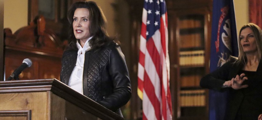 Michigan Gov. Gretchen Whitmer addresses the state during a speech in Lansing, Mich., Thursday, Oct. 8, 2020. 