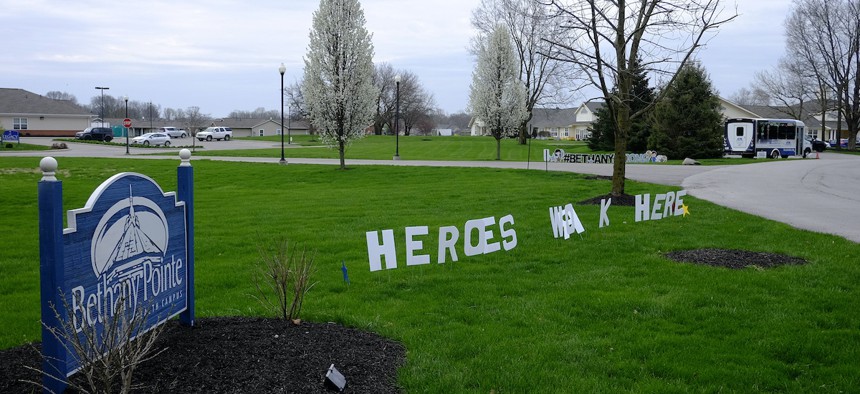 A sign is displayed at the Bethany Pointe Health Campus, Saturday, April 11, 2020, in Anderson, Ind. Multiple residents at the Indiana nursing home have died from Covid-19.
