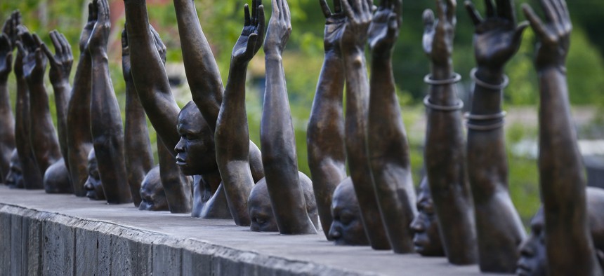 An installation at the National Memorial for Peace and Justice, which honors thousands of people killed in lynchings. The site was established in Montgomery, Alabama in 2018.