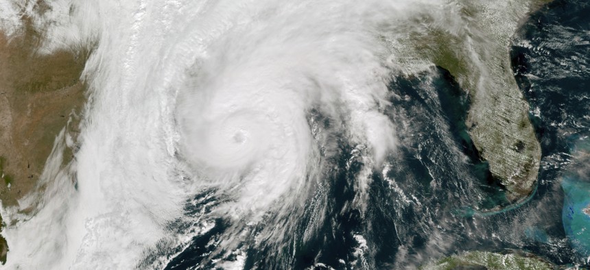 A satellite image taken on Oct. 28, 2020 shows Hurricane Zeta in the Gulf of Mexico nearing Louisiana.