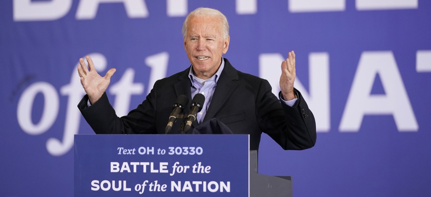Democratic presidential candidate former Vice President Joe Biden speaks at a rally at Cleveland Burke Lakefront Airport, Monday, Nov. 2, 2020, in Cleveland. 