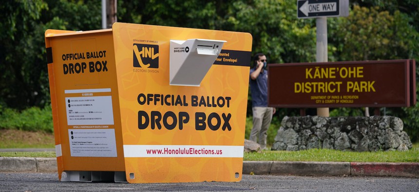 Washington state-based Laserfab, Inc. has more than 700 ballot drop boxes in the field in 13 states, including this one, in Honolulu.