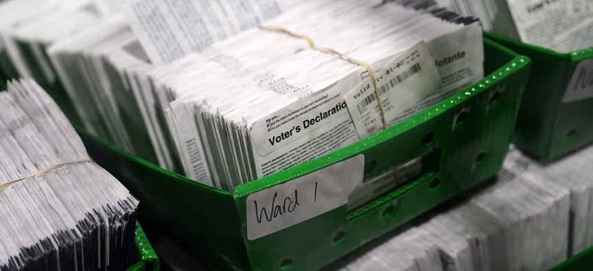 Ballots for the 2020 General Election in the United States are seen at Philadelphia's mail-in ballot sorting and counting center on Oct. 26, 2020, in Philadelphia.