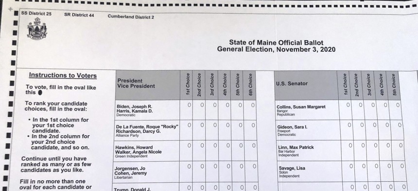 This absentee ballot for the 2020 Maine general election, photographed on Oct. 22, 2020 in Falmouth, Maine, shows how Maine voters are allowed to rank presidential and Senate candidates in order of ranked choice preference.