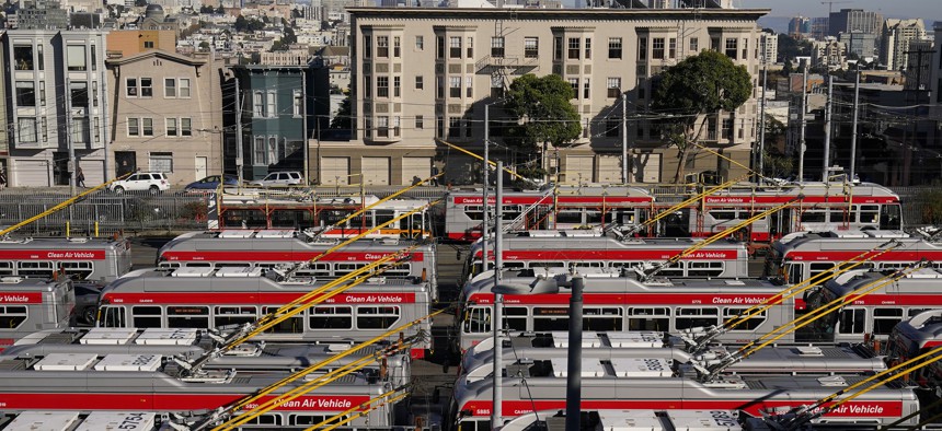 Muni buses are shown at a San Francisco Municipal Transportation Agency yard during the coronavirus outbreak in San Francisco on Nov. 16, 2020. (