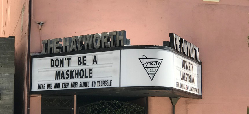 A sign on marquee of The Hayworth Theatre in Los Angeles.