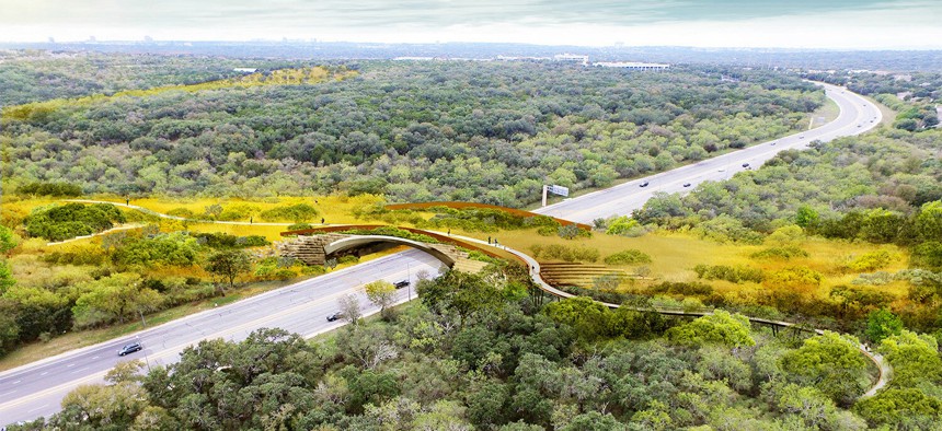 A rendering of what the land bridge over Wurzbach Parkway will look like once native trees and grasses have fully matured. 