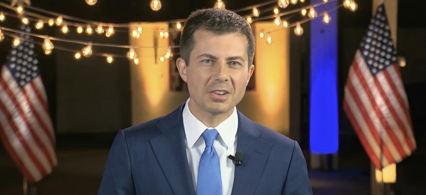 In this image from video, former South Bend Mayor Pete Buttigieg speaks during the fourth night of the Democratic National Convention on Aug. 20, 2020.