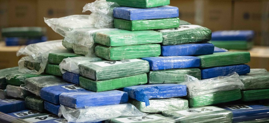 A fraction of the cocaine seized from a ship at a Philadelphia port is displayed ahead of a news conference at the U.S. Custom House in Philadelphia, on June 21, 2019. 