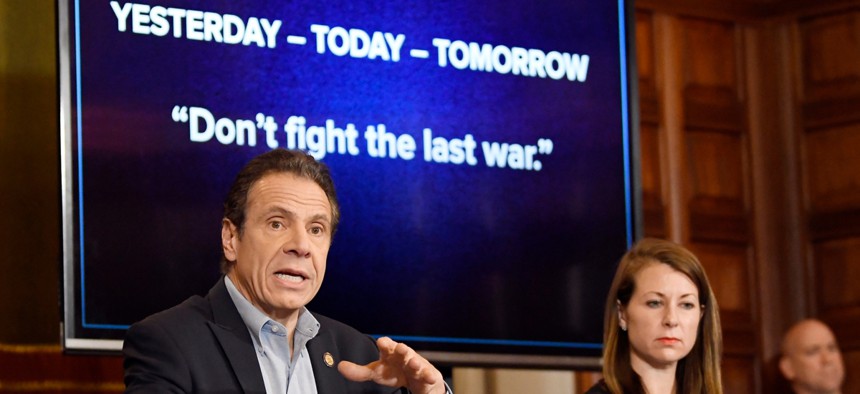 New York Gov. Andrew Cuomo discussing the coronavirus pandemic during a news conference.