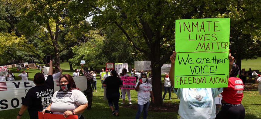 People protest conditions of inmates in Texas in May 2020.