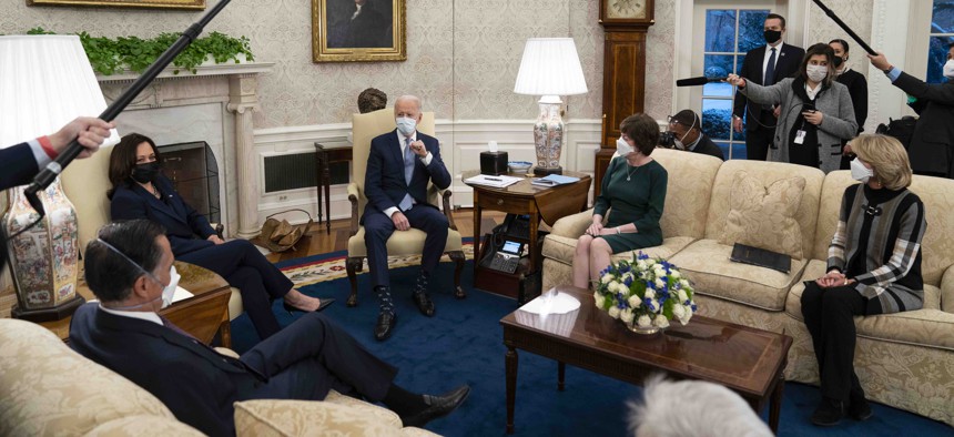 President Joe Biden meets Republican lawmakers to discuss a coronavirus relief package, in the Oval Office of the White House, Monday, Feb. 1, 2021, in Washington.