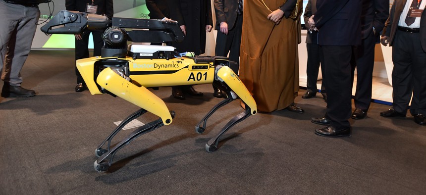 A model of the "SpotMini" robot dog by Boston Dynamics seen at an event in 2018.