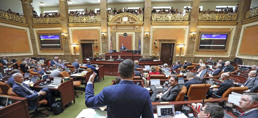 Republican outgoing House Speaker Greg Hughes speaks before the Utah House of Representatives