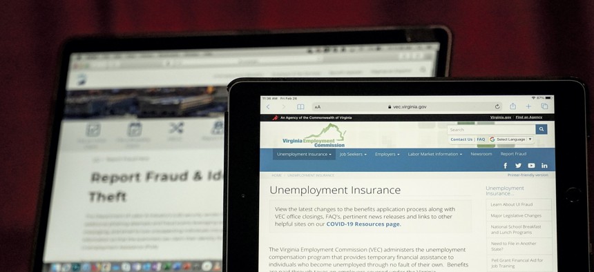 Web pages used to show information for collecting unemployment insurance in Virginia, right, and reporting fraud and identity theft in Pennsylvania, are displayed on the respective state web pages