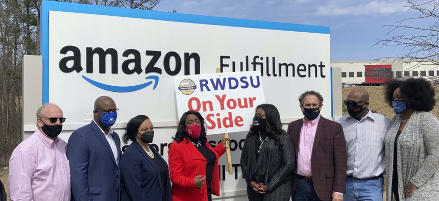 Democratic members of Congress join representatives of the Retail, Wholesale and Department Store Union gather outside an Amazon fulfillment center in Bessemer, Ala.                                          