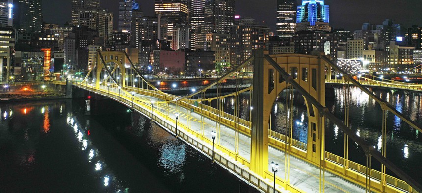This Nov. 26, 2020 file photo shows the newly refurbished Rachel Carson Bridge over the Allegheny River in downtown Pittsburgh. 