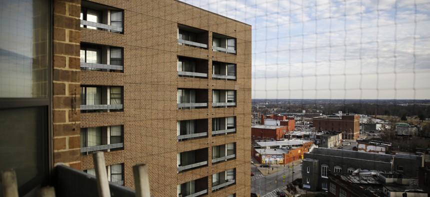 This Feb. 26, 2019, photo shows Rosemont Tower in Baltimore from a resident's balcony. Health and safety inspectors gave the 200-unit public housing high-rise a failing score of 25 out of a possible 100 in 2017 and then last year a score of 71.