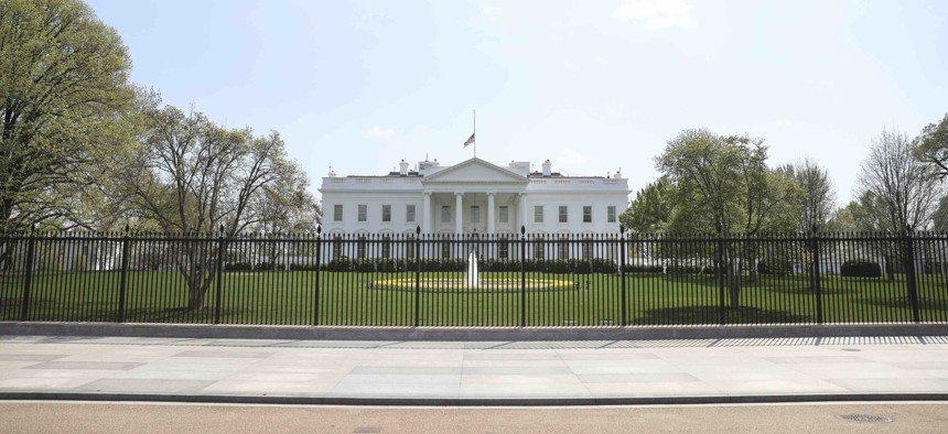 The White House from Pennsylvania Avenue outside the White House in Washington, on April 7, 2021. 