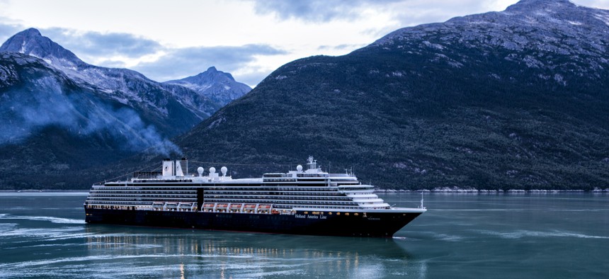 Holland America cruise ship MS Noordam sailing into Skagway, Alaska, at dawn, Aug. 25, 2015.
