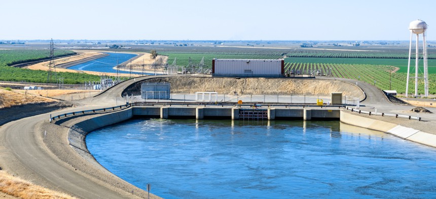 The "Dos Amigos" pumping plant pushes water up hill on the San Luis Canal, part of the California Aqueduct system; Los Banos, central California.