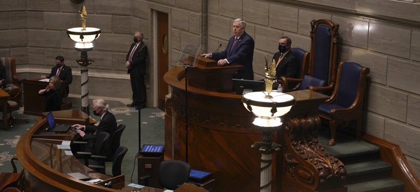 Missouri Gov. Mike Parson delivers the State of the State address Wednesday, Jan. 27, 2021, in Jefferson City, Mo. 