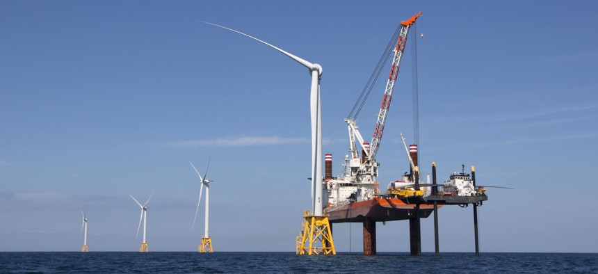 Wind turbines from the Deepwater Wind project are installed off Block Island, R.I.,
