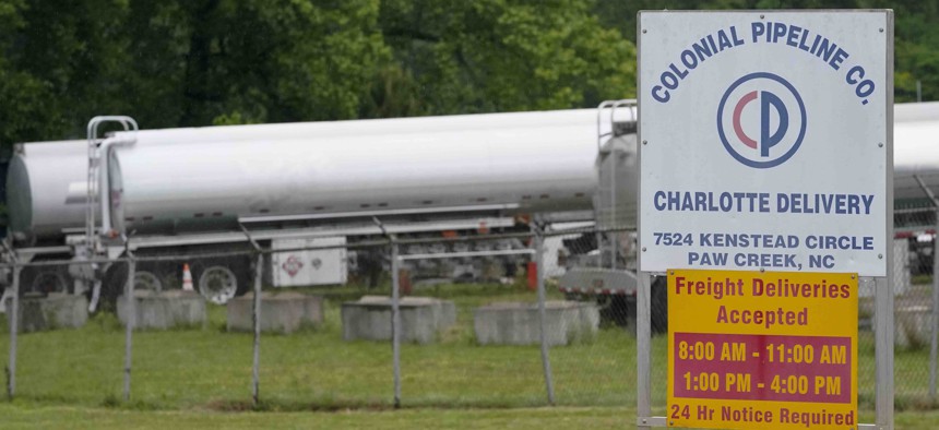 Tanker trucks are parked near the entrance of Colonial Pipeline Company in Charlotte, N.C.               