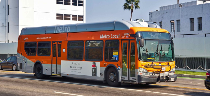 Los Angeles Metro bus running at Beverly Hills.               