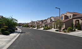 Modern street of typical middle class desert homes near Las Vegas Nevada.